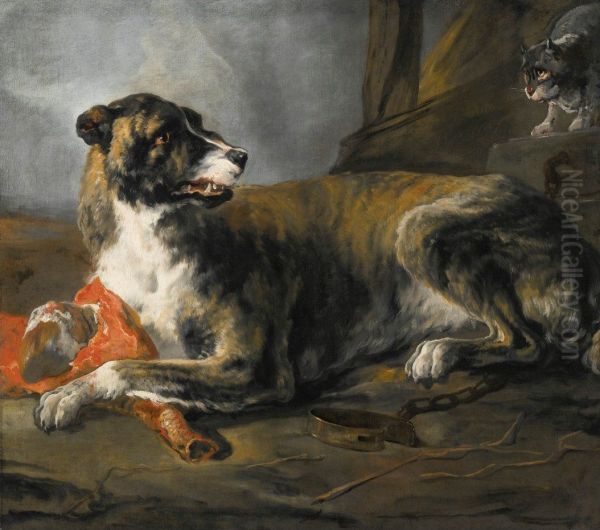 Hound With A Joint Of Meat And A Cat Looking On - view 1
