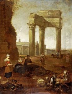 Paysans Gardant Un Troupeau Pres Du Campo Vaccino by Jan Baptist Weenix