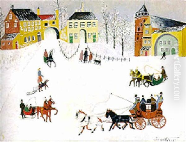 Winterliche Landschaft Mit Schlos, Kutschen Und Schlitten - view 1