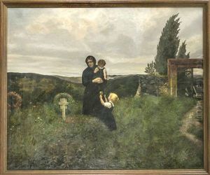Mutter Mit Ihren Beiden Kindern Am Grab Ihres Mannes by Max Weese