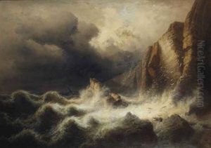 A Ship In Distress Off A Cliff Coast, With A Colony Of Birds