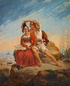 En Ung Italiensk Mand I Faerd Med At Klippe En Harlok Af Sin Veninde, I Baggrunden Udsigt Over Havet En Ung Italiensk Mand I Faerd Med At Klippe En Harlok Af Sin Veninde, I Baggrunden Udsigt Over Havet