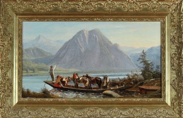 Bauern Mit Tieren Im Boot Bei Der Uberfahrt Uber Einen Gebirgssee - view 1