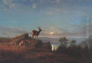 Deer In A Moonlit Landscape by Johann Friedrich Wilhelm Wegener