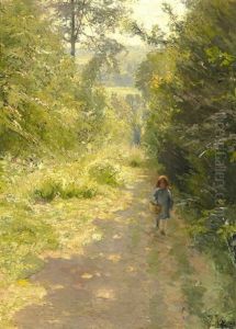 A Little Girl With A Basket Walking In The Woods A Little Girl With A Basket Walking In The Woods