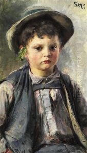 Portrait Of The Boy Sepp Wearing A Hat And A Little Twig Behind The Ear