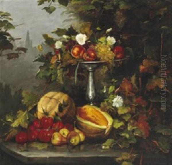 Still Life With Fruit And Flowers In A Silver Centerpiece On A Table by Bertha Wegmann
