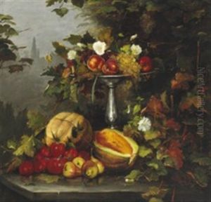 Still Life With Fruit And Flowers In A Silver Centerpiece On A Table