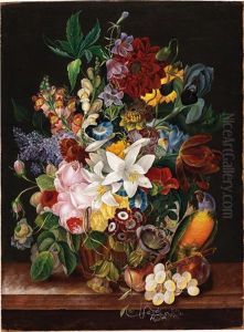 Large Flower Piece With Parrot And Butterfly by Sebastian Wegmayr