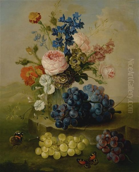 Still Life Of Flowers In A Glass Vase With Grapes, Resting On A Stone Ledge In A Landscape - view 1