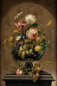 Stillleben Mit Blumen Und Fruchten In Einem Pokal Auf Steinsockel Stillleben Mit Blumen Und Fruchten In Einem Pokal Auf Steinsockel