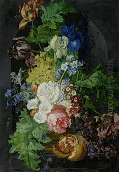 Tulpen, Iriden, Eine Prunkwinde Und Weitere Blumen Mit Fruchten In Einer Nische - view 1