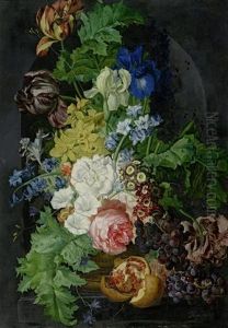 Tulpen, Iriden, Eine Prunkwinde Und Weitere Blumen Mit Fruchten In Einer Nische