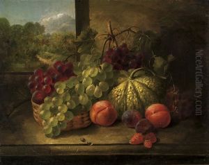 Still Life Of Various Fruit On A Stone Counter, In Front Of An Open Window Looking Out Onto A Tree Filled Landscape