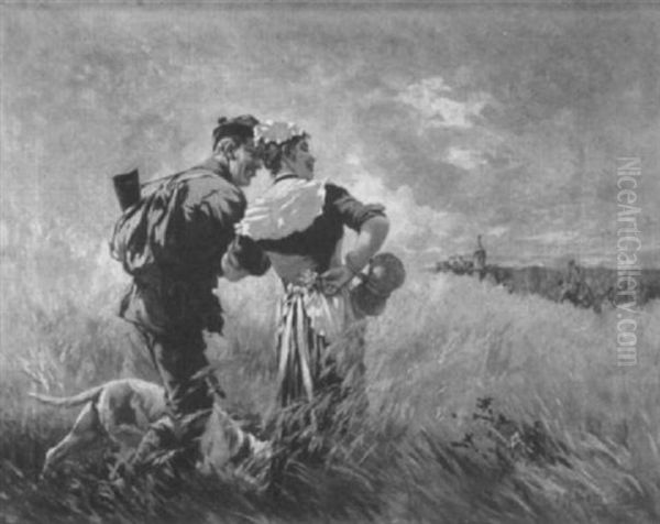 Jager Mit Hund, Eine Junge Frau Durch Das Kornfeld Begleitend - view 1