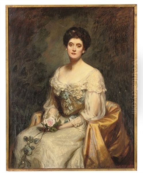 Portrait Of A Lady In A White Dress With Blue Rosettes - view 1