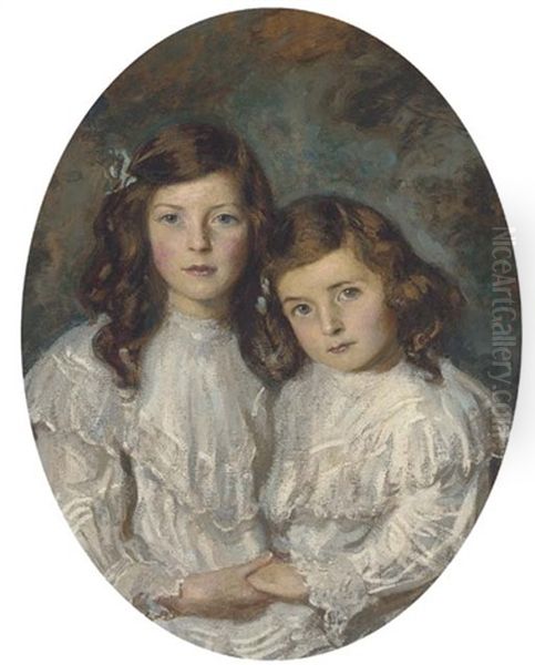 Double Portrait Of Two Sisters In White Dresses - view 1