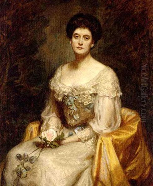 Portrait Of A Lady In A White Dress With Blue Rosettes - view 1