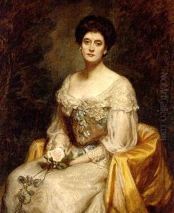 Portrait Of A Lady In A White Dress With Blue Rosettes by Daniel Albert Wehrschmidt