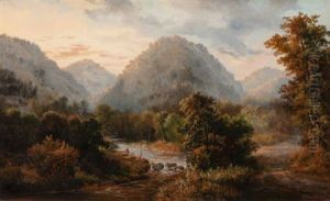 River Scene With Two Fishermen by Augustus (Karl) Weidenbach
