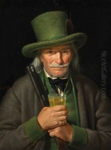 An Old Chamois Hunter With A Glass Of Styrian Wine In His Hand by Joseph Weidner