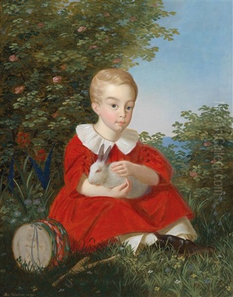 Portrait Of A Boy With Dwarf Rabbit In His Arm - view 1