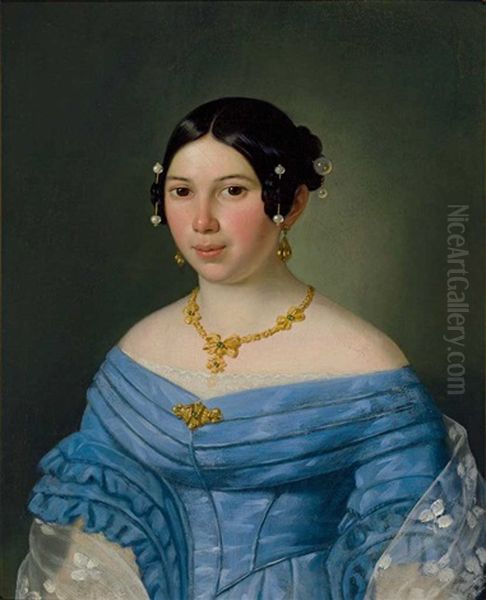 Portrait Einer Jungen Frau Im Blauen Kleid, Mit Perlschmuck Im Haar; Pendeloques, Collier Und Brosche - view 1