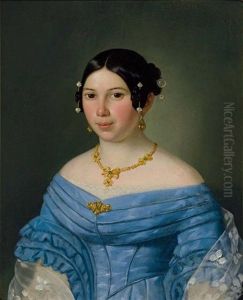 Portrait Einer Jungen Frau Im Blauen Kleid, Mit Perlschmuck Im Haar; Pendeloques, Collier Und Brosche by Joseph Weidner