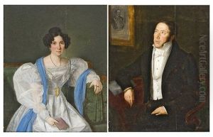 Portrait Of A Woman In An Empire Dress And A Man Looking On A Portrait Of Count Adam Reviczky (1786-1862) (pair) by Joseph Weidner