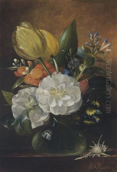 A Still Life With Flowers In A Vase On A Ledge - view 1
