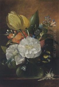 A Still Life With Flowers In A Vase On A Ledge A Still Life With Flowers In A Vase On A Ledge
