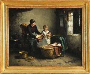 Kucheninterieur Mit Mutter Und Ihren Beiden Kindern by Johannes Weiland