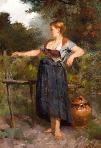 Jonge Boerenvrouw Met Kruik by Johannes Weiland