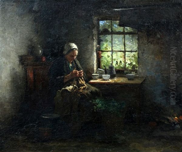 Oud Hollands Interieur Met Handwerkende Vrouw - view 1