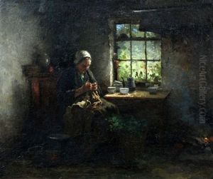 Oud Hollands Interieur Met Handwerkende Vrouw by Johannes Weiland