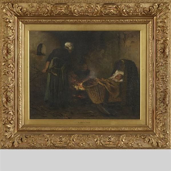 Mother Tending The Fire While Baby Sleeps - view 1