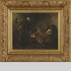 Mother Tending The Fire While Baby Sleeps by Johannes Weiland