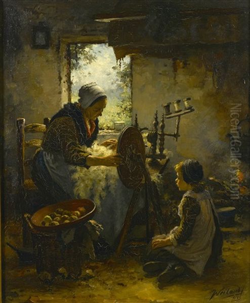 A Mother And Child At A Spinning Wheel - view 1