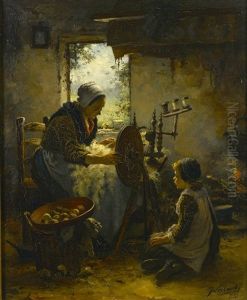 A Mother And Child At A Spinning Wheel