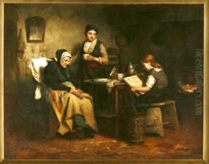 Bauerliche Interieurszene Mit Grosmutter, Mutter Und Der Vorlesenden Tochter