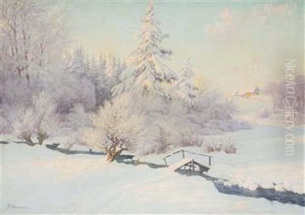 Winterlandschaft Mit Bachbrucke Und Haus - view 1