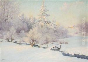 Winterlandschaft Mit Bachbrucke Und Haus by Paul Weimann