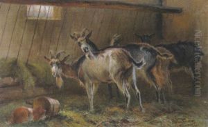 Ziegen Und Katze Im Stall by Anton Weinberger