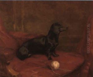 A Daschund On An Armchair by Harrison William Weir