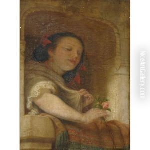 Young Woman At A Balcony With Flowers In Hand by Robert Walter Weir
