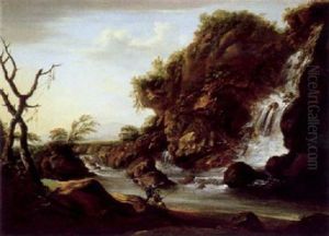 Gebirgslandschaft Mit Wasserfall Und Anglers Gebirgslandschaft Mit Wasserfall Und Anglers
