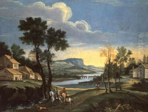 Fluslandschaft Mit Einer Brucke Und Reitern - view 1