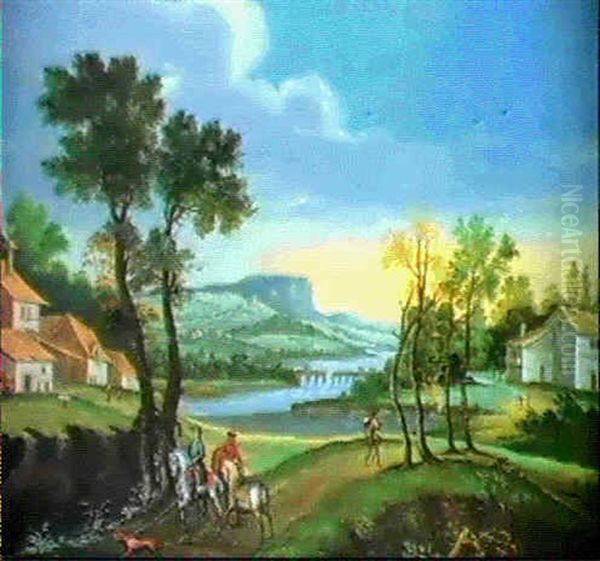 Flusslandschaft Mit Einer Brucke Und Reitern - view 1