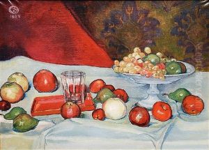 Stilleben Mit Fruchtschale Und Rotem Lacktablett by Robert Weise