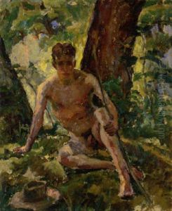 Mannlicher Akt, Sitzend Im Wald, Mit Hut Und Bogen by Albert Weisgerber
